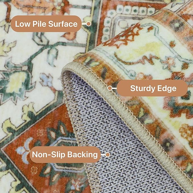 GENIMO 8x10 Area Rugs for Living Room, Machine Washable Non Slip Vintage Retro Rugs, Low Pile Lightweight Chenille Print Rug for Bedroom, Dining Room, Home Office,Floral Blossom