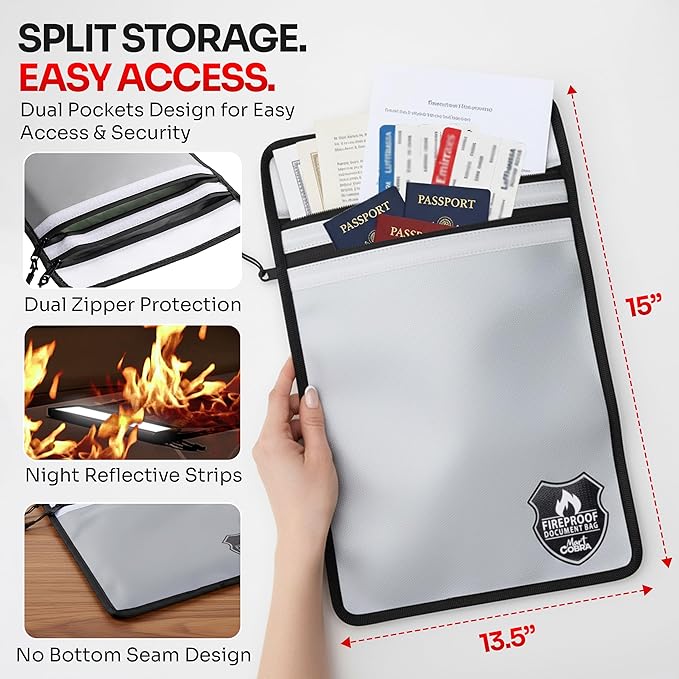 Mart Cobra Fireproof Document Bag with Zipper Fire and Waterproof Document Storage Fireproof Money Bag Cash Fire Proof for Important Home Documents Safe Accessories Paper Holder Pouch Envelope Travel