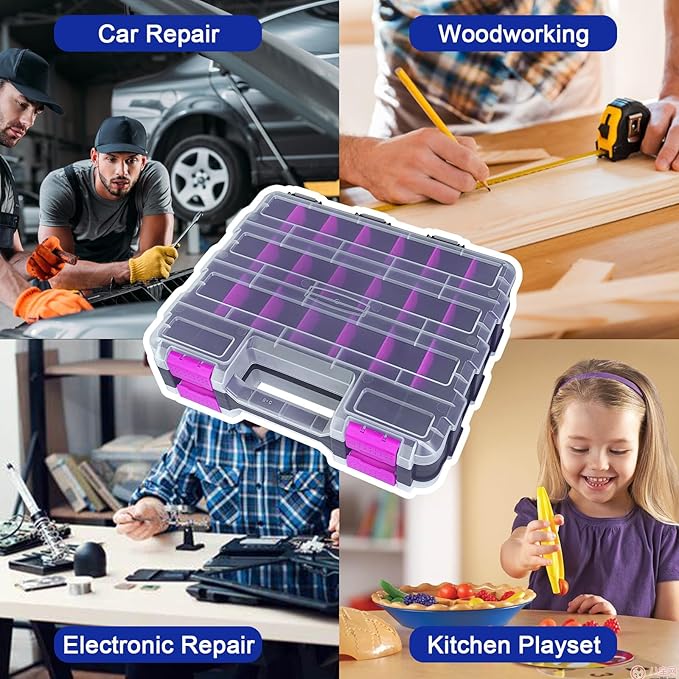 Tools Organizer Box Small Parts Storage Box 50-Compartment Double Side Hardware Organizers with Removable Plastic Dividers for Screws, Nuts, Nails, Bolts, Purple