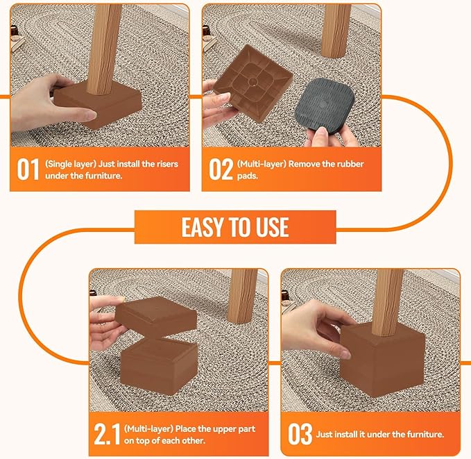 shouwuhho Furniture Risers, 6 Pack Bed Risers with Non-Slip Grip and Heavy Duty Support, 1 Inch 2 Inch 3 Inch 4 Inch Height Lift for Couch, Sofa, Table, Desk, Chair, Refrigerator - Brown, 1 Inch