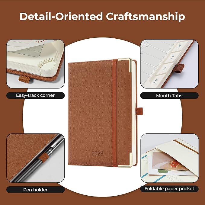 IN-luxpro Daily Planner 2026 with One Page Per Day,(A5-8.5" x 5.9"),12 Months Calendar Hourly Appointment Book Monthly Tabs & Self-adhesive Pen Holder,Inner Pocket, Vegan Leather Hardback,Brown