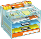 Docnest 5 Tier Letter Tray with Hanging File Organizer-Mesh Desk Organizer-Desktop Storage Box Built in Pen Holder and Handles, File Folder Holder for Mail Documents Office Supplies-Blue