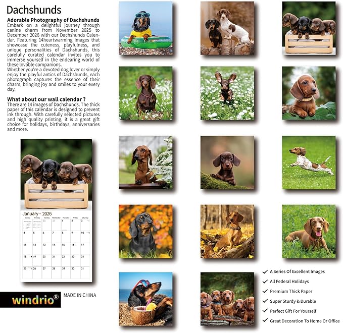 2026 Wall Calendar,Calendar 2026, November 2025 - December 2026, Wall Calendar Dachshund, 12" x 24" Opened,Full Page Months Thick & Sturdy Paper for Gift Perfect Calendar Organizing & Planning