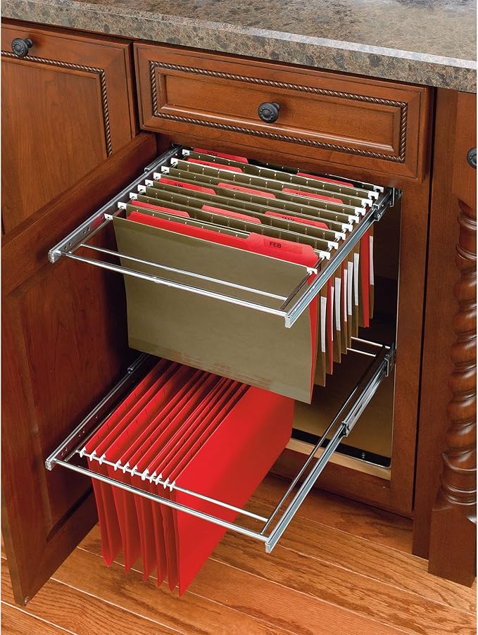 Rev-A-Shelf 2 Tier 14.5" Base Cabinet File Drawer Organizer System for Leterr & Legal Sized Files for Home Office or Home Storage, Chrome, RAS-FD-KIT