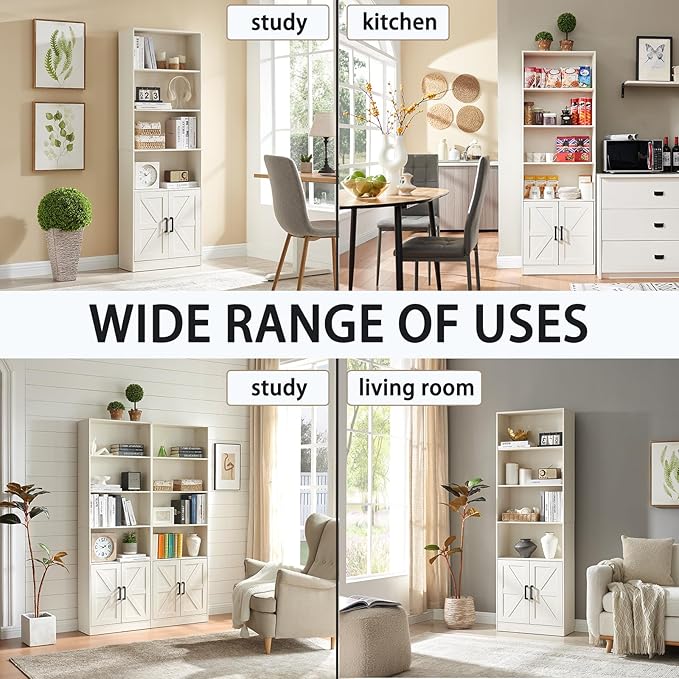 RWYHG 70in Tall Bookshelf 6 Tier Bookcase with Barn Doors and Adjustable Shelf, White Farmhouse Book Shelves with Storage Cabinet,Wood Floorstanding Display Bookshelve for Bedroom,Living Room,2 Piece