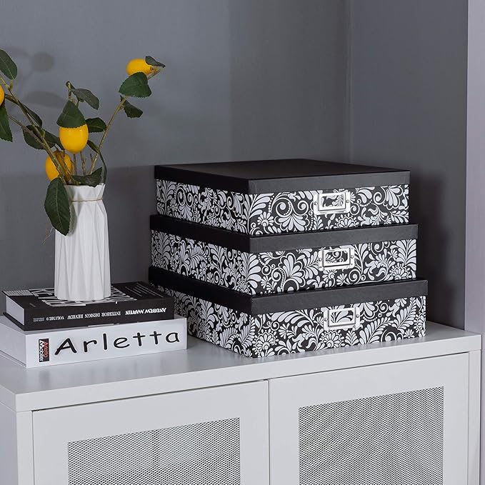 Soul & Lane Modern Botanical Decorative Cardboard Boxes with Lids, Set of 3 Black and White Floral Letter Storage for Documents, Memory Boxes for Keepsakes, Photos, Scrapbooks