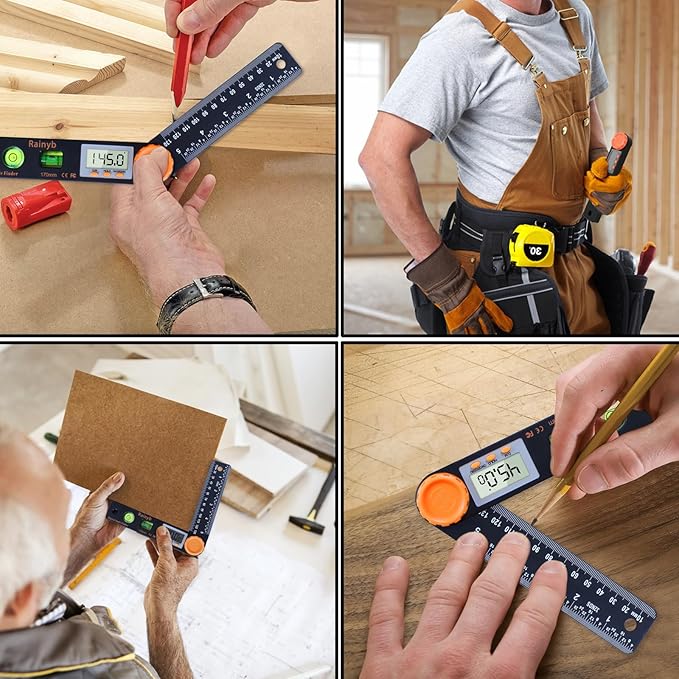 Rainyb Digital Angle Finder Tool 5 inch Pocket Protractor 0-360 degree LED Digital Protractor with Horizontal Bubble Levels and Ruler Meter Accurate Tool for Carpenters,Woodworkers,Fabricators（5 inch）