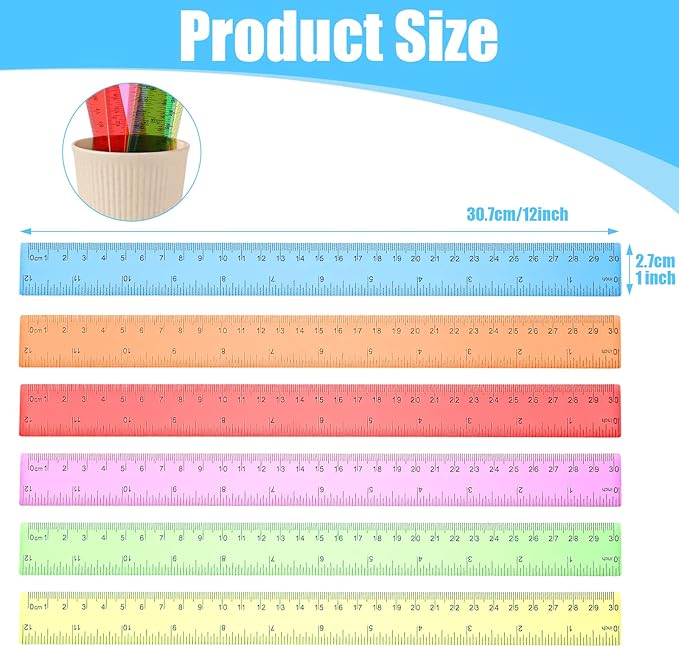 120 Pack 12 Inch Plastic Rulers Bulk for Back to School Supplies Flexible Transparent Assorted Color Ruler with Centimeters and Inches for Office Usage (6 Colors)