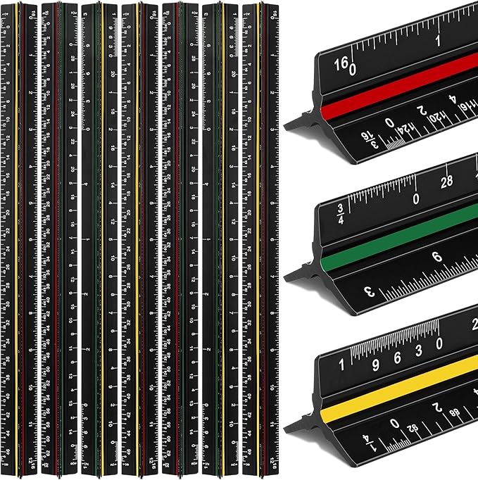 Macarrie 10 Pcs Architectural Scale Triangular Ruler 12" Architect Engineers Scale Ruler Set Aluminum Metal Ruler with Imperial Measurements for Architect Student Draftsman Engineer (3 Colors)
