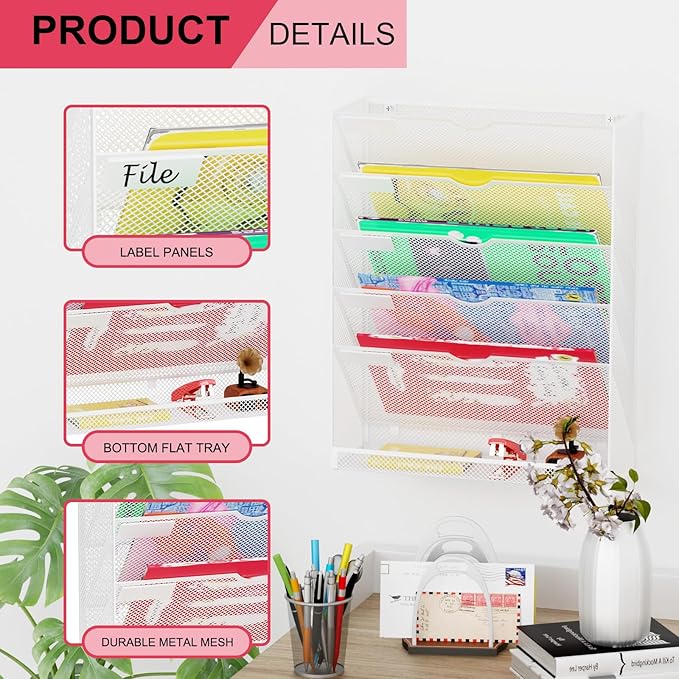 GDINDINFAN Hanging Wall File Organizer 6 Tier Wall Mounted File Holder Document Wall Organizer Magazine Organization for Office Home, White