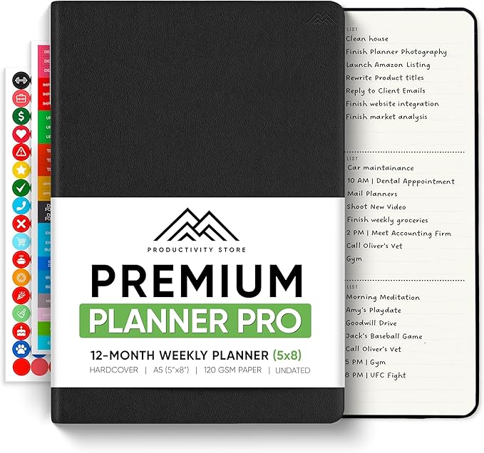 PRODUCTIVITY STORE Pro - Undated, 2026 Planner, 5.8” x 8.3” - The #1 Productivity Planner to Achieve Your 2026 Goals - Planner 2026-2027 - Black - A5