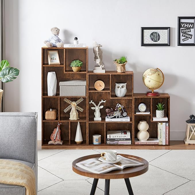 VECELO Wide Bookshelf Set, Fits 9.3" × 10-12.8" Hardcovers, Cube Storage Bookcases, Free-Standing for Living Room, Bedroom, Home Office, 2/3/4-Tier, 3-Pack, Brown