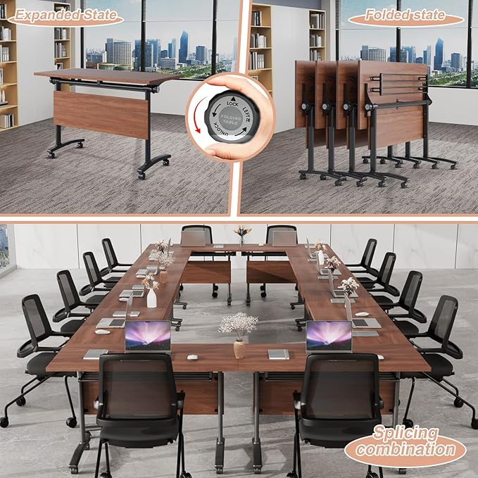 Conference Table Flip Top Mobile Conference Room Tables,Folding Conference Table with Wheels,Large Meeting Training Seminar Table Saving Space for Office Classroom(12D,61'')