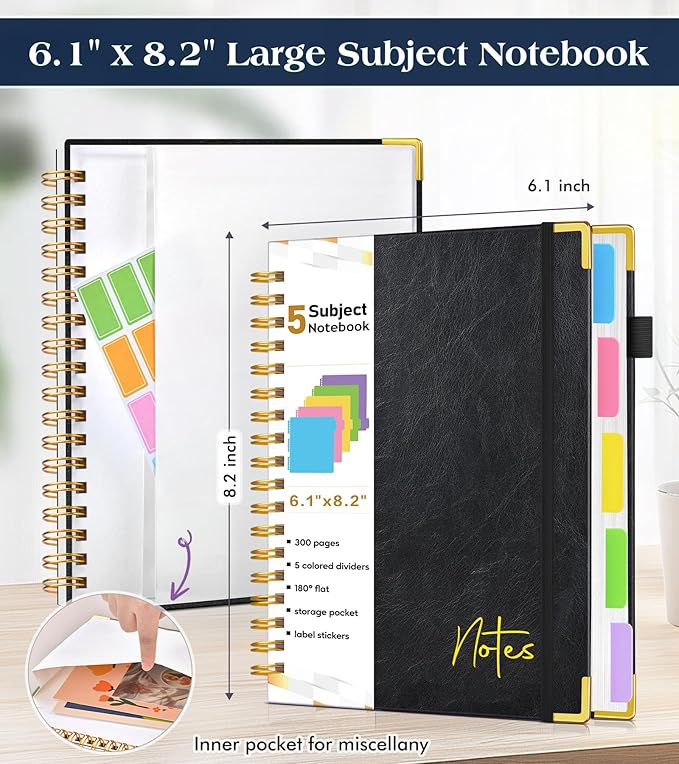 Spiral Notebook Journal with Removable Dividers Tabs, 300 Pages Hardcover Leather 5 Subject College Ruled Notebook, 6.1"x8.2" Large A5 Lined Journal for Women Men Spiral Notebook for Work School,Black