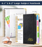 Spiral Notebook Journal with Removable Dividers Tabs, 300 Pages Hardcover Leather 5 Subject College Ruled Notebook, 6.1"x8.2" Large A5 Lined Journal for Women Men Spiral Notebook for Work School,Black