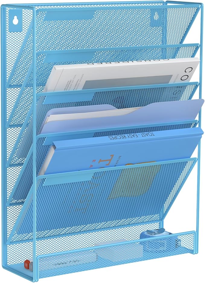 Kuntine.B 6-Tier Wall File Organizer Hanging File Organizer Cubicle Organizer Wall File Holder for Office Home (Blue, 6 Tier)
