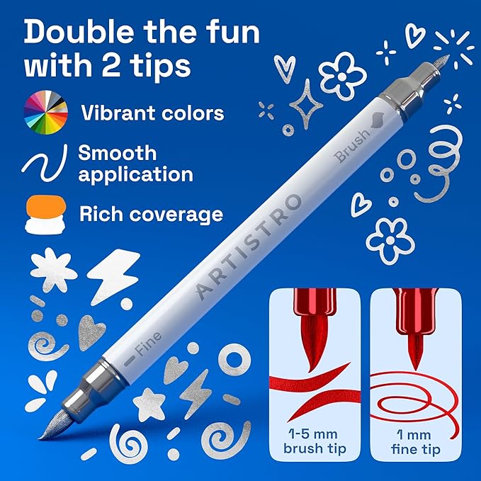 ARTISTRO 24 Metallic Acrylic Paint Markers - Paint Pens Dual Tip Brush + Fine Ideal for Calligraphy - Perfect for Fabric, Rock, Glass, Wood, DIY - Art Supplies, Stocking Stuffers, Christmas Gift Idea