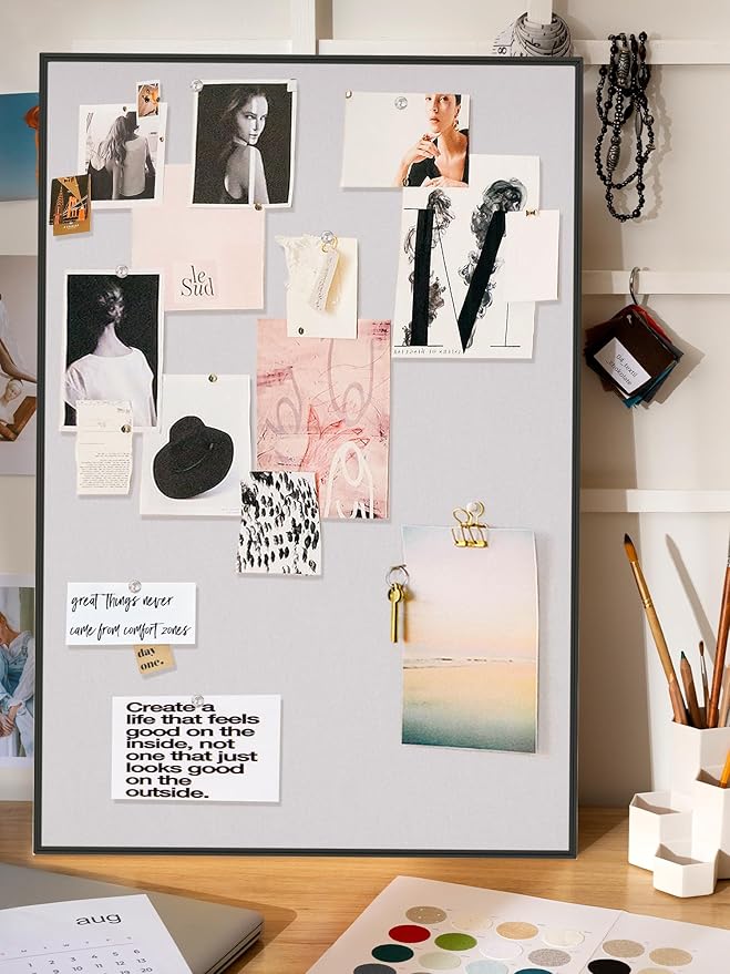 Lightomorrow Bulletin Board 30 x 20 inches, Lavender Gray Pin Board, Black Aluminum Framed Fabric Cork Board with 10 Push Pins