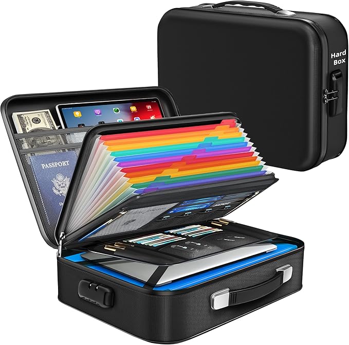 Deelhety Fireproof Document Box - 8-Layer Hard Shell Fire Proof Safe for Home Documents, Water Resistant File Organizer for Desk Money, Safety Box for Passports Certificates Laptop