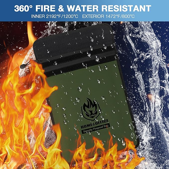Upgraded Two Pockets Fireproof Document Bag (2000℉), andyer 15”x 11”Waterproof Fireproof Money Bag for Cash with Zipper, Important Document Storage Organizer for Valuables, Legal Documents Safe