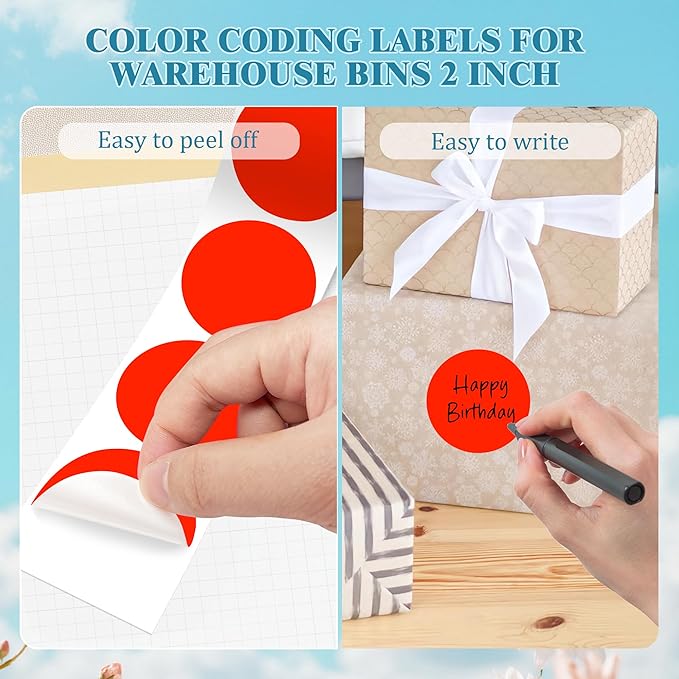 2 Inch Round Color Coding Labels (500 Count) - Fluorescent Red Dot Stickers Circle Labels with Dispenser Box for Warehouse, Filing, Industrial, Office Organization