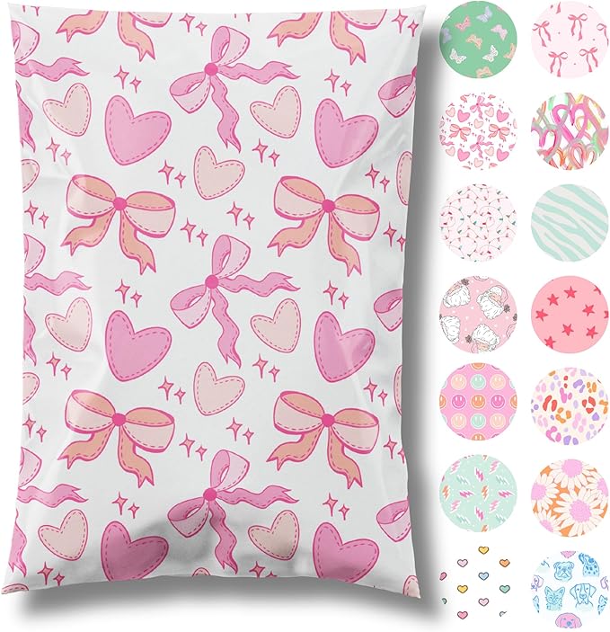 Pretty Package Store 10x13 Designer Poly Mailer 100 Pack Heavy Duty Waterproof Self Seal Shipping Bags for Small Business Large Mailing Envelopes Bulk Tear Resistant Packaging Coquette Bows Hearts