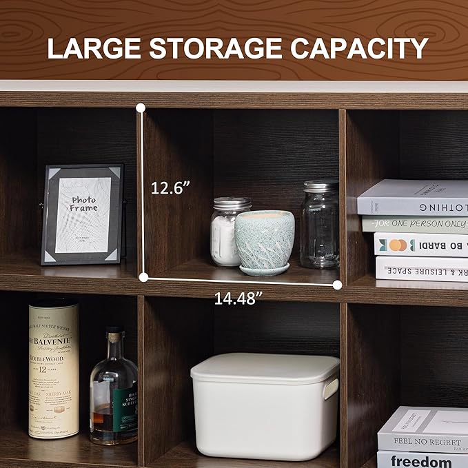 VAKATRELL 8 Cube Storage Organizer Bookshelf, Industrial Horizontal Bookcase, Accent Cubby Shelf, Media Console Table for Living Room, Home Office, 13.6" D x 63" W x 30.9" H, Brown Walnut