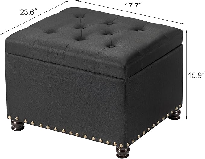 Decent Home 24" Storage Ottoman, Fabric Ottoman Foot Rest Stool with Hinged Lid, Tufted Rectangle Upholstered Footstool, Load Up to 350 lb, for Living Room, Bedroom, Dorm, Black