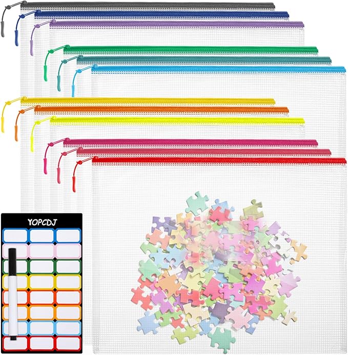 YOPCDJ 12pcs Mesh Zipper Pouch Bags, Extra Large A3 Puzzle Bag for Organizing, 12 Colors, 12 Packs, Classroom Must Have Storage Bag, File Bags for School, Board Games and Office Supplies