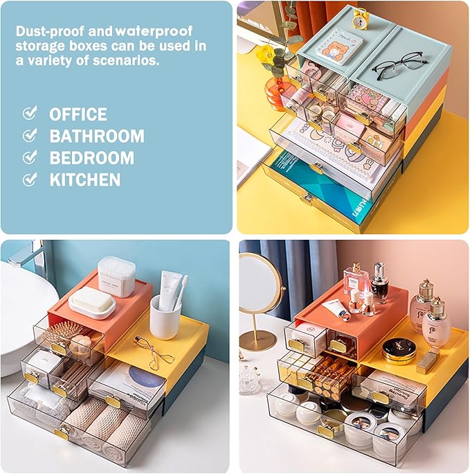 DETEIN 2PACK Stackable Desktop Storage Organizer Plastic Desk Organizer with Drawer Stacking Drawer for Home, Makeup, Vanity, Garage,Office, and Small Organization(M - 2 Drawer, Cream White)