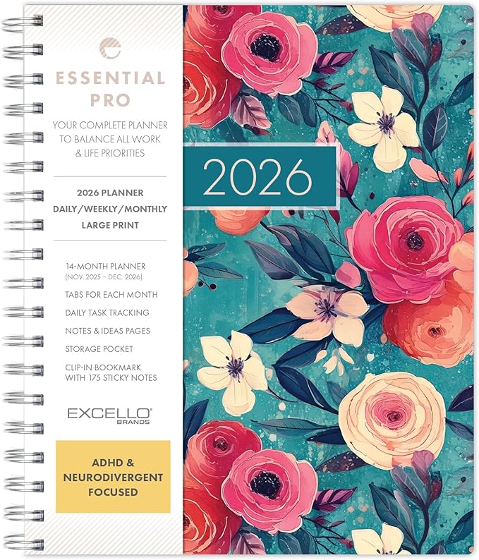 Essential PRO 2026 Daily, Weekly & Monthly Planner, 7"x9": 14 Months (Nov 2025 - Dec 2026) Monthly Tabs,Daily Tracking,Notes Pages,Storage Pocket,Bookmark w Sticky Notes (Teal Floral)