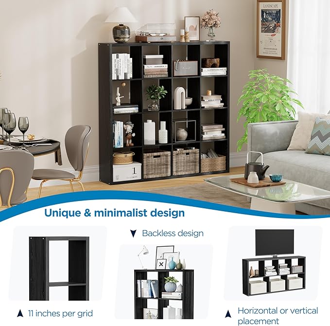 Jpiziso 16-Cube Storage Organizer Bookcase, Thick Frame Wood Grain Storage Shelf, Rectangular Cube Open Back Display Unit, 48.8x9.4x48.8 Inches for Living Room, Bedroom, Home Office, Embossed Black