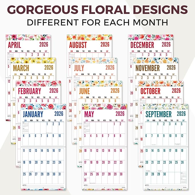 CRANBURY Large Print Wall Calendar 2026, 12x23" Open, 12 Months Floral Designs, Use Jan to Dec 2026, Big Numbers, Big Grid, Low Vision Calendar, Non-Glossy Paper for Easy Writing, Includes Planner Stickers