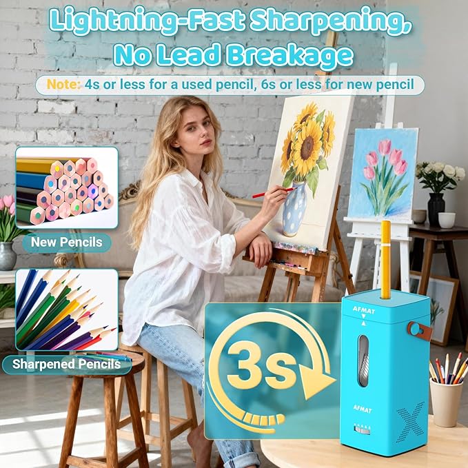 AFMAT Electric Pencil Sharpener, Fully Automatic Pencil Sharpener, Auto in & Out, Rechargeable Hands-Free Sharpeners for Jumbo & Colored Pencils (6.5-12mm), Portable for Home/Classroom/Office PSC6