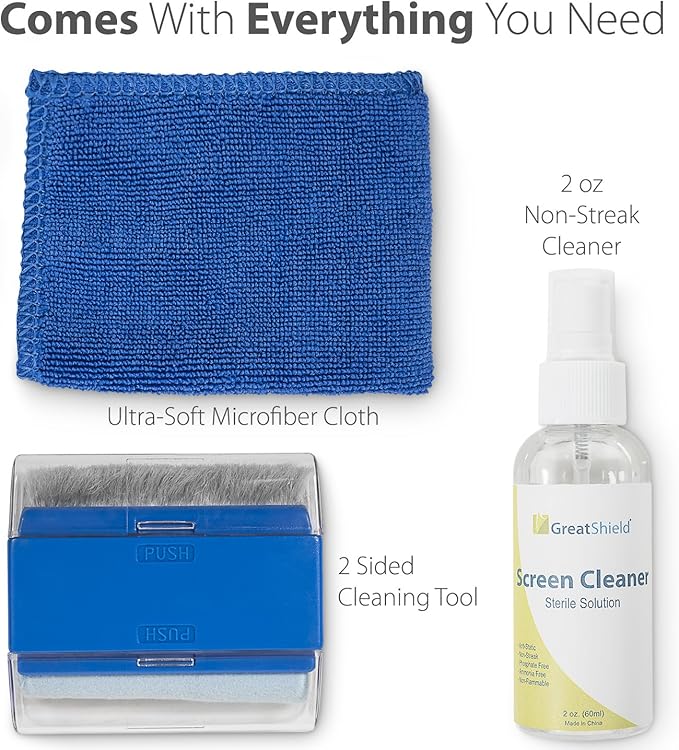 GreatShield Universal Screen Cleaning Kit, Microfiber Cloth + 2 Sided Brush + Non-Streak Solution Spray [for TV, Laptops, PC Monitors, Smartphones, Tablets, Camera, Keyboard and Other Electronics]