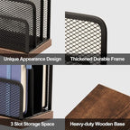 Wooden Desk Mail Organizer, Desktop File Organizer Metal Mesh with 3 Vertical Upright Compartments, Mail Sorter Letter Organizer Rack for Letters, Postcards, Brochures, Mail Holder (2 Pack Black)