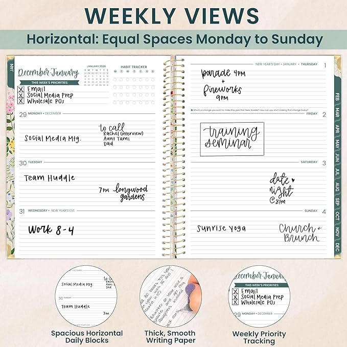 bloom daily planners HARDCOVER 2026 Planner (January to December) - 8.5” x 11” Weekly & Monthly Dated Agenda Organizer Book with Stickers & Tabs - Garden Party, Beige