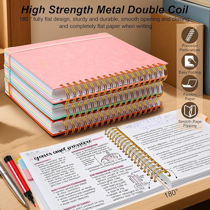 Hardcover Spiral Notebook 8"x10" Journal Notebook with Tabs and Removable Dividers 300 Pages 5 Subject Notebook College Ruled, Faux Leather Spiral Bound Notebook for Women School Work (White)