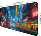 Japanese Anime Retro City Night Scene Mouse Pad, Non Slip Base and Stitched Edge Design, Suitable for Office and Home Desktops, Size 35.4 x 15.7 Inches