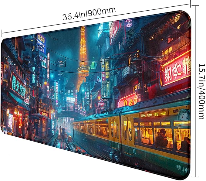 Japanese Anime Retro City Night Scene Mouse Pad, Non Slip Base and Stitched Edge Design, Suitable for Office and Home Desktops, Size 35.4 x 15.7 Inches