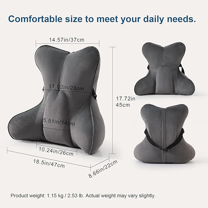 Ailuteie Lumbar Support Pillow(Pat. Pend) – Ergonomic Multi-Zone Back Cushion for Lower Back Pain Relief, Ideal for Office Chair, Car Seat & Home Reading,Steel Gray
