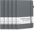 feela 5 Pack Journal Notebook Bulk for School, Hardcover Business Notebooks Classic Ruled Lined Journals with Pen Holder for Work Note Taking, with 5 Black Pens, 120 GSM, 5.1”x8.3”, A5, Gray