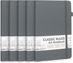 feela 5 Pack Journal Notebook Bulk for School, Hardcover Business Notebooks Classic Ruled Lined Journals with Pen Holder for Work Note Taking, with 5 Black Pens, 120 GSM, 5.1”x8.3”, A5, Gray