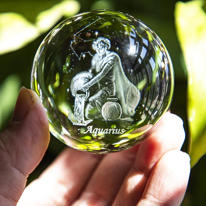 3D Laser Constellation Crystal Ball 60mm Crystal Paperweight Full Sphere Glass Fengshui with Sliver-Plated Flowering Stand(Aquarius)