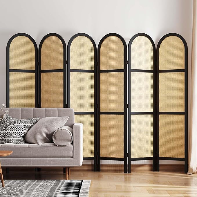 Svimi Room Dividers and Folding Privacy Screens, 5.6 Ft Double Hinged Rattan Partition Freestanding Wall Room Divider for Home - 6 Panels (Black)