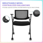 BROBRIYO 2 Pack Stackable Conference Room Chairs with Wheels and Paddle, Ergonomic Mesh Back and Arms for Meeting, Conference, Reception, Training Room & Home Office Desk Folding Chairs