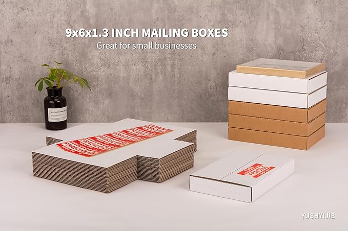 YUSHYIJIE 50 Pack 9x6x1.3 inch Small Shipping Boxes, Multi-Depth Flat Cardboard Boxes with Fragile Stickers for DVD Shipping, Packing, Moving, Storage, White