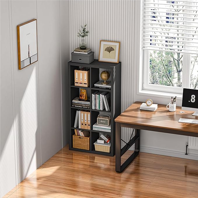 furtble Bookshelf with Storage Bins, 6 Cube Storage Organizer, Modern Wood Bookcase, Multifunctional Display Shelf for Living Room (Matte Black, 6 Cube)