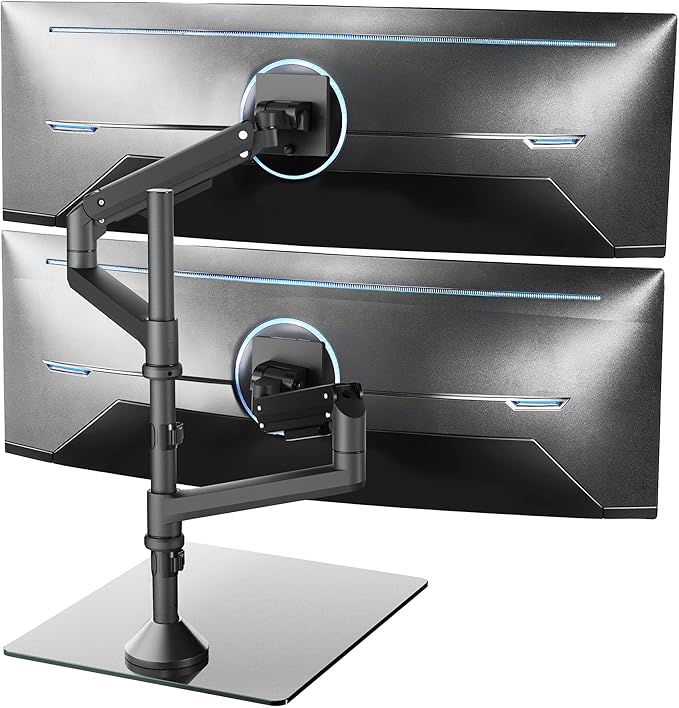 VIVO Pneumatic Arm Dual Ultrawide Monitor Desk Stand for Up to 49 inch Screens with Tempered Glass Base, Holds 2 Ultra Wides Up to 30.8 lbs, Black, STAND-V249FG