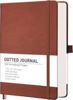 RETTACY Bullet Dotted Journal Notebook, 320 Numbered Pages, A5 Medium Size (5.7'' × 8.3''), Leather Hardcover, 100 GSM Thick Paper, for Bullet Journaling, Planning, Tracking (Brown)